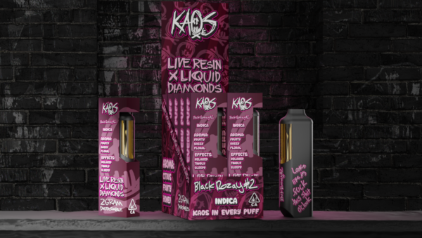 Kaos Vape Black Rozay available for sale now in stock, Kaos liquid diamond disposable available for sale, Buy Kaos 2G black cherry gelato strain, 2G kaos