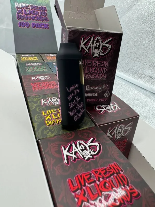 Kaos Vape Disposable available for sale now in stock, Kaos liquid diamond disposable available for sale, Buy Kaos 2G black cherry gelato strain, 2G liquid