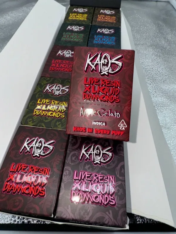 2g Kaos Liquid Diamonds for sale now in stock, Buy Kaos liquid diamond disposable available for sale, Buy Kaos 2G black cherry gelato strain, Buy 2G kaos